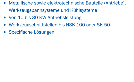 •	Metallische sowie elektrotechnische Bauteile (Antriebe),  Werkzeugspannsysteme und Kühlsysteme •	Von 10 bis 30 KW Antriebsleistung •	Werkzeugschnittstellen bis HSK 100 oder SK 50 •	Spezifische Lösungen